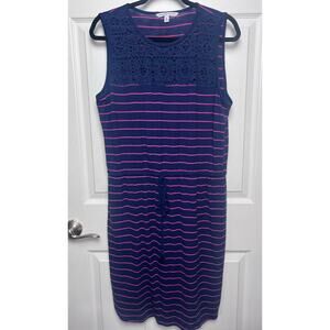 Adrienne Vittadini Women's Sleeveless Cinch Waist Navy Blue Pink Striped Size XL